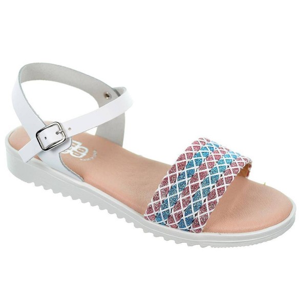 Crecendo Sandalia en piel. Con pala fantasía en colores, cierre en pulsera con hebilla. Plantilla de piel. Suela antideslizante.