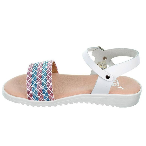 Crecendo Sandalia en piel. Con pala fantasía en colores, cierre en pulsera con hebilla. Plantilla de piel. Suela antideslizante.