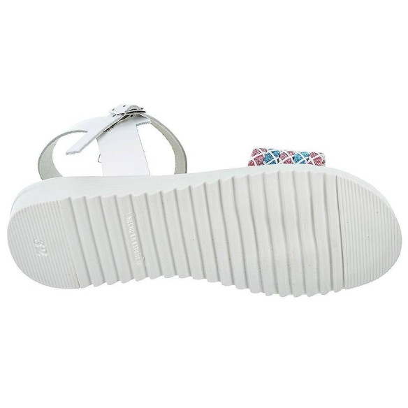 Crecendo Sandalia en piel. Con pala fantasía en colores, cierre en pulsera con hebilla. Plantilla de piel. Suela antideslizante.