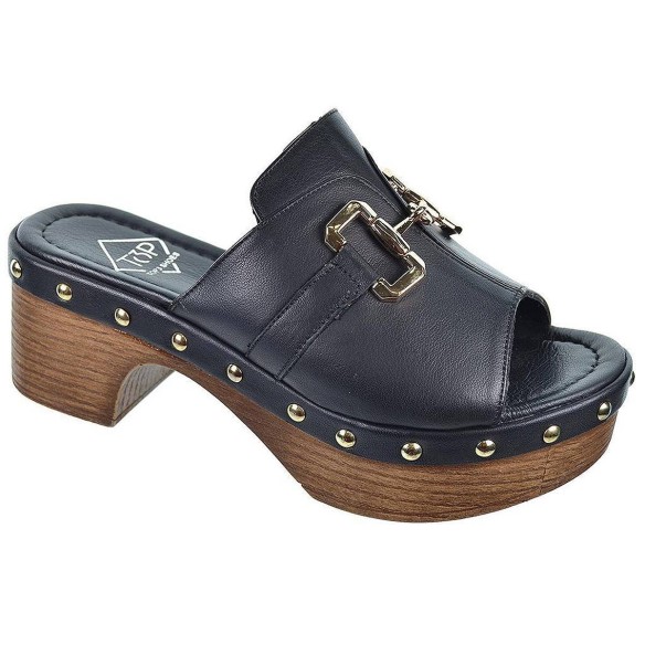 Top3 Zueco en piel con planta muy confortable y piso plataforma imitación madera con tachuelas.