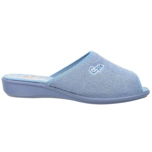 20279 Cmconfort Zapatilla textil destalonada y puntera abierta, plantilla textil acolchada. Piso con cuña de goma antideslizante