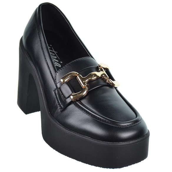 23231 Isteria Zapato Mocasín  sintético y forro textil. Piso de goma, tacón ancho de 10,5cm y plataforma de 3cm.