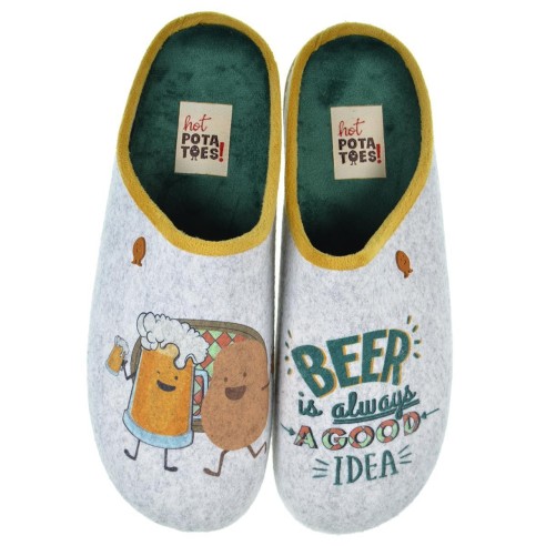Cratloe Hot Potatoes Zapatilla Casa Corte estampado de fieltro y planta afelpada. Plantilla extraíble 100% reciclado. Caucho.