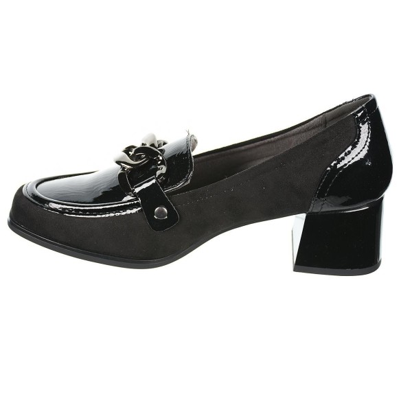 25383 Amarpies Zapato Confort mocasín. Charol. Sintético y textil . Plantilla extraíble. Cadena metal. Suela caucho con tacón
