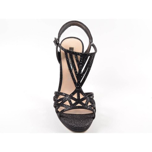 12805 D'Angela Sandalia Sandalia de fiesta textil glitter en tiras con incrustaciones de brillantes, cierre con hebilla y planta