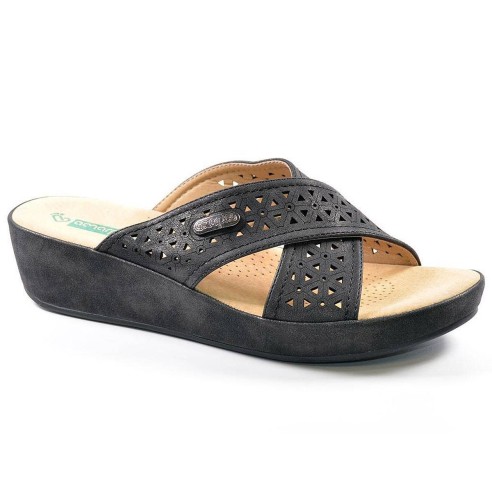 17049 Amarpies Zueco Chancla Zueco sintético, forro textil y planta de piel acolchada muy confortable. Piso con cuña de 4cm. muy