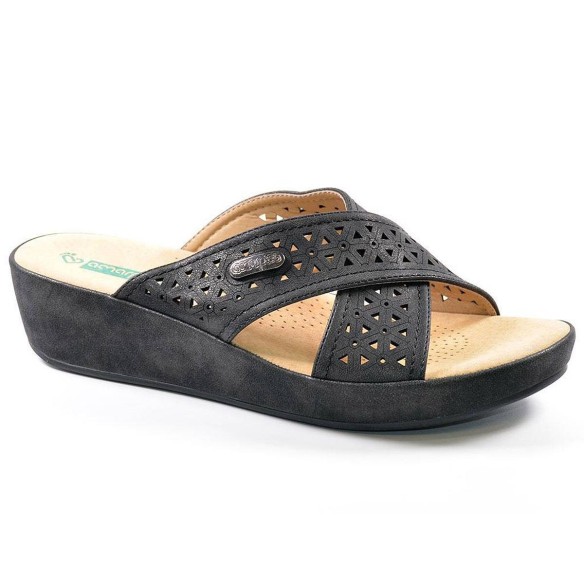 17049 Amarpies Zueco Chancla Zueco sintético, forro textil y planta de piel acolchada muy confortable. Piso con cuña de 4cm. muy