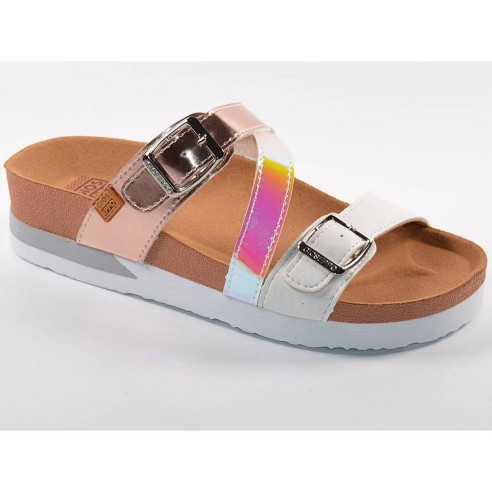 62974 Gioseppo Zueco Sandalia Zueco sintético, triple tira metalizada, colores diferente, y doble hebilla. Plantilla textil, res