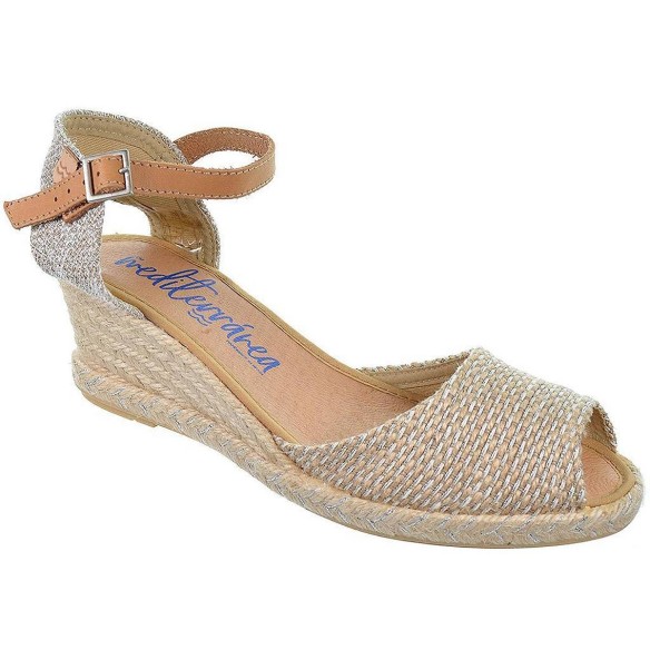 10602 Mediterranea  Alpargata Sandalia Alpargata textil con puntera abierta, cierre en pulsera de piel y hebilla. Plantilla acol