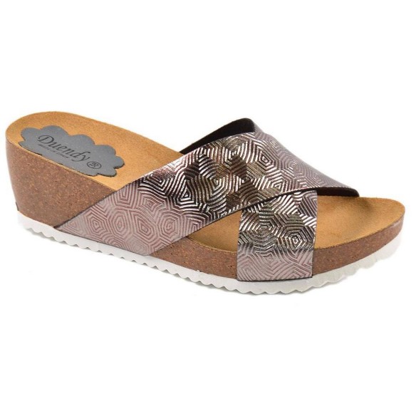 5848 Duendy Zueco Sandalia tipo Zueco material piel con grabado metalizado. Piso cuña bio en piel y suela de goma antideslizante