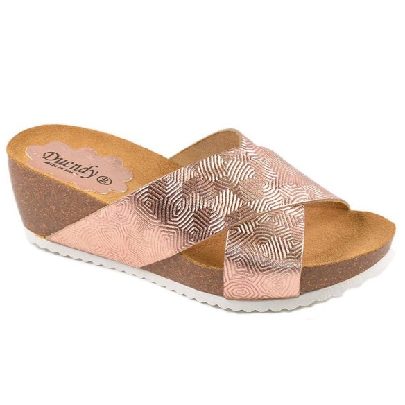 5848 Duendy Zueco Sandalia tipo Zueco material piel con grabado metalizado. Piso cuña bio en piel y suela de goma antideslizante