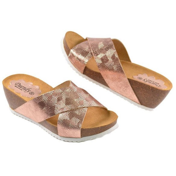 5848 Duendy Zueco Sandalia tipo Zueco material piel con grabado metalizado. Piso cuña bio en piel y suela de goma antideslizante