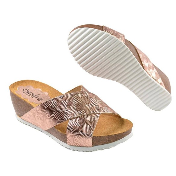 5848 Duendy Zueco Sandalia tipo Zueco material piel con grabado metalizado. Piso cuña bio en piel y suela de goma antideslizante