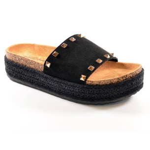 21053 Isteria  Zueco Chancla Zueco Material Antelina Con Pala Ancha Y Remaches. Planta Bio Con Piso Plataforma Forrado en Yute. 