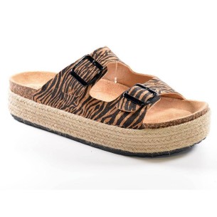 21052 Isteria Zueco 21052 Isteria. Chancla Zueco textil cebra, dos tiras y hebilla. Planta bio y piso plataforma forrado en yute