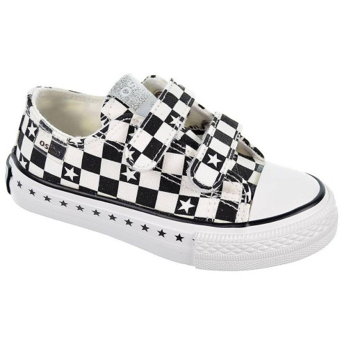 14170 Osito Zapatilla Lona. Estampado de cuadros y forro textil. Cierre con doble velcro. Piso y puntera de goma antideslizante