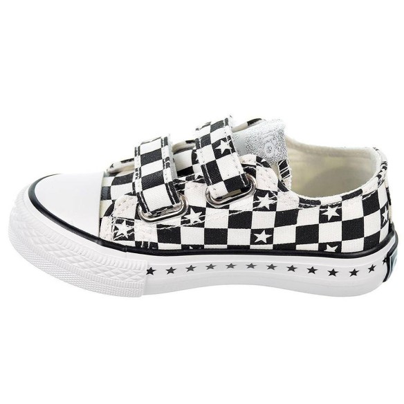 14170 Osito Zapatilla Lona. Estampado de cuadros y forro textil. Cierre con doble velcro. Piso y puntera de goma antideslizante