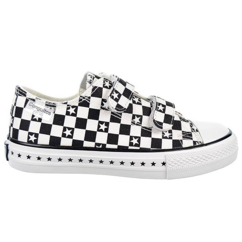 128323 Conguitos Zapatilla de lona. Estampado de cuadros y forro interior textil. velcro. Piso y puntera de goma antideslizante