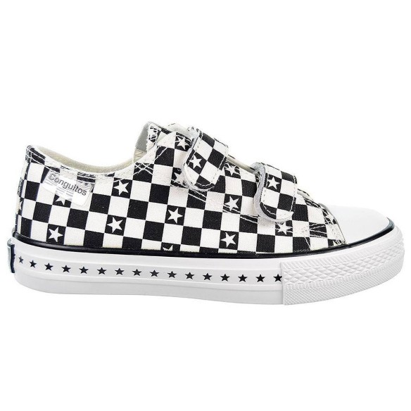 128323 Conguitos Zapatilla de lona. Estampado de cuadros y forro interior textil. velcro. Piso y puntera de goma antideslizante