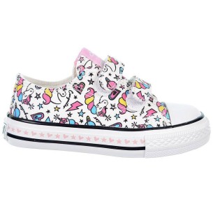 14166 Osito Zapatilla de Lona con estampado de unicornio y forro interior textil. doble velcro. Suela de  goma antideslizante