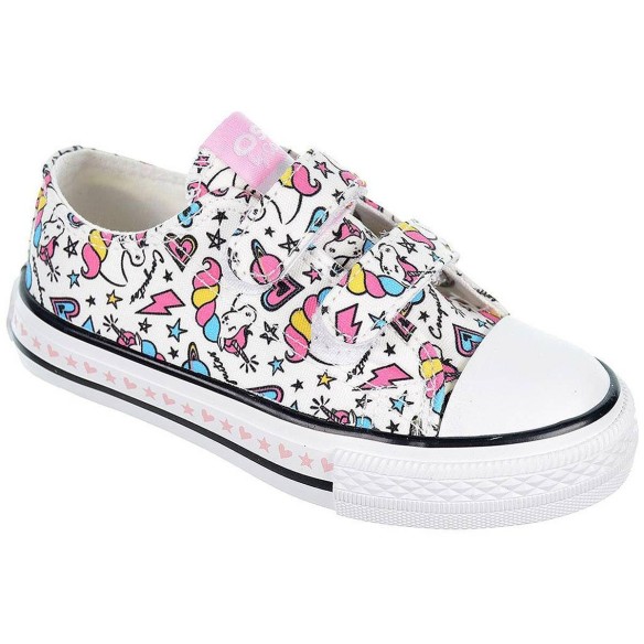 14166 Osito Zapatilla de Lona con estampado de unicornio y forro interior textil. doble velcro. Suela de  goma antideslizante
