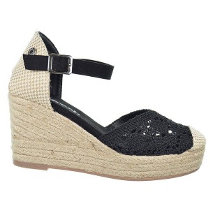 170869 Refresh Alpargata textil acolchada con pulsera y cierre en hebilla. Piso yute. Con cuña y suela antideslizante