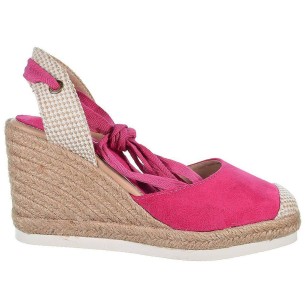 23091 D´Angela Alpargata Valenciana antelina puntera  textil  cintas para atar. Plantilla textil acolchada. Piso yute cuña 9cm.