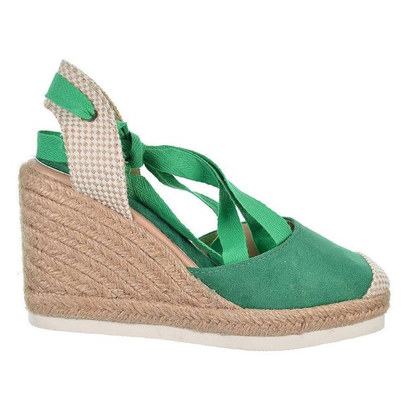 23091 D´Angela Alpargata Valenciana antelina puntera  textil  cintas para atar. Plantilla textil acolchada. Piso yute cuña 9cm.