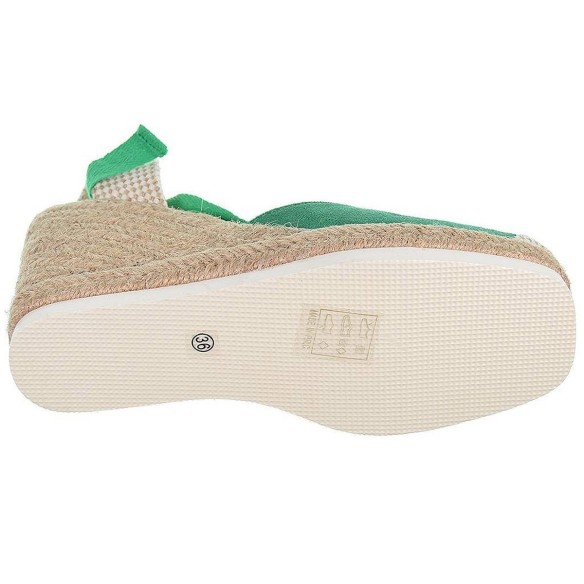 23091 D´Angela Alpargata Valenciana antelina puntera  textil  cintas para atar. Plantilla textil acolchada. Piso yute cuña 9cm.