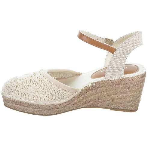 23085 D´Angela Alpargata textil trenzada, cierre en pulsera. Plantilla acolchada. Piso en yute con cuña de 7cm. Antideslizante.